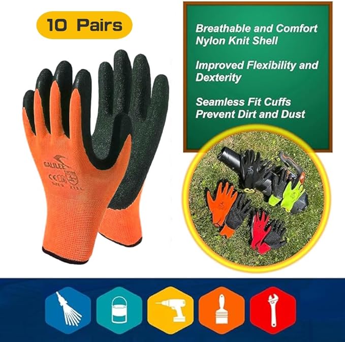OTECKO Safety Work Gloves with Latex Rubber Coating, Non-Slip Grip, Breathable and Washable, Pack of 10 Pairs