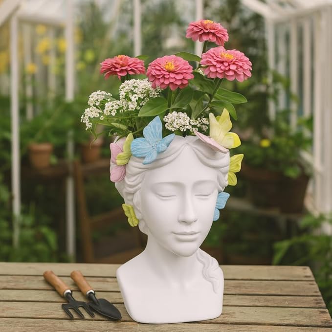 Planter and Flower Pot for Home Decor – Whimsical Plant Pot for Indoor or Outdoor Use with Butterfly and Face Sculpture – Modern Indoor Plant Stand Ideal for Garden and Patio Accent – 11" White
