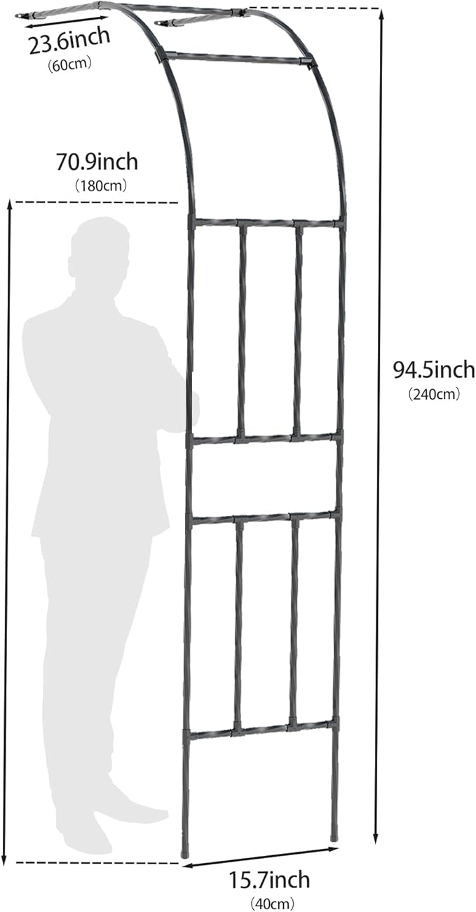 Half Garden Arch Trellis, Trellis Arch for Climbing Plants Outdoor, 7.9FT MetalGarden Arbor, Garden Trellises for Patio Lawn Backyard, Large Garden Archway Decoration Black 23.6" x 94.5in