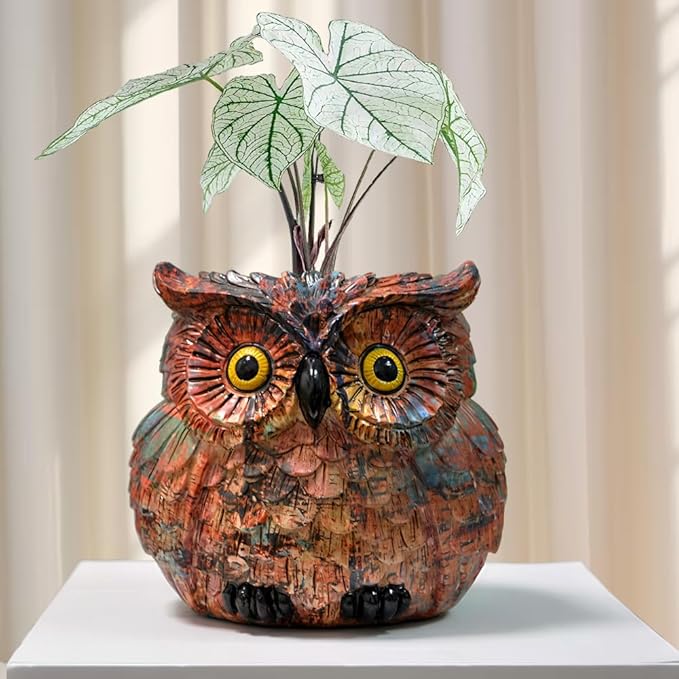 Owl Planter, Owl Succulent Pots, Owl Flower Pot, Owl Statue Decor, Cute Plant Pots Indoor/Outdoor, Animal Bird Planters with Drainage, Owl Vase Gifts for Women Mother Teacher, Pen Brush Holder Brown