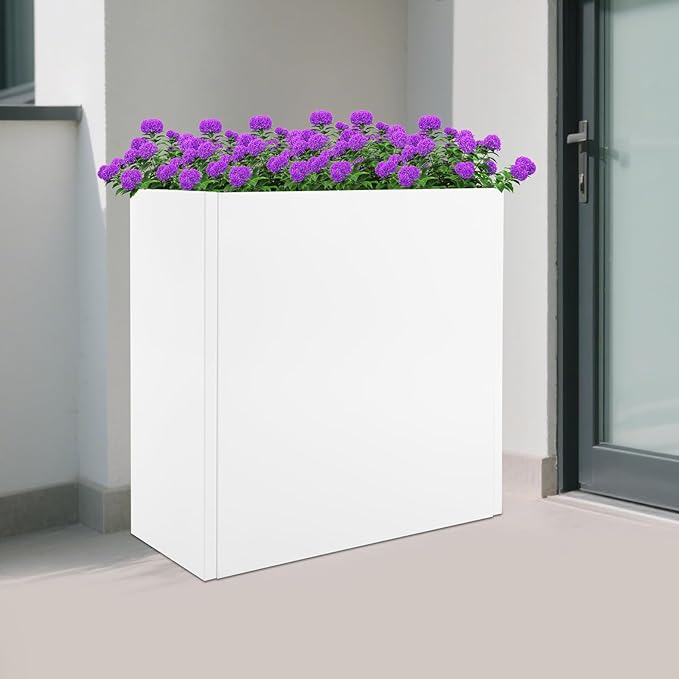 Metal Planter Box, Tall Rectangular Raised Garden Bed with Removable Shelf and Drainage Holes, Modern Steel Garden Planter, Flower Planter Boxes for Patio, Yard & Porch, Outdoor (White, 28*12*28in)