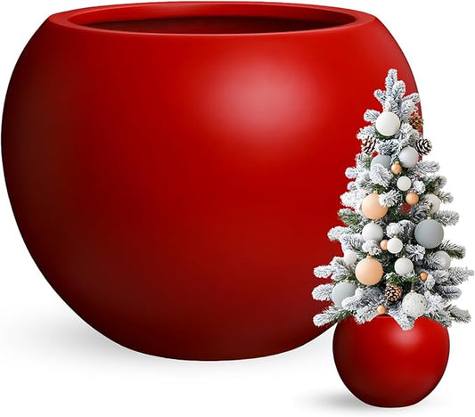 9.7" H x 12" D Globo Fiberstone Round Planter - Christmas Tree Planter, Smooth Finish, Weather Resistant for Indoor & Outdoor Use, Included 2 Extra Coco Mats (Red, 7.8" Pot Opening)