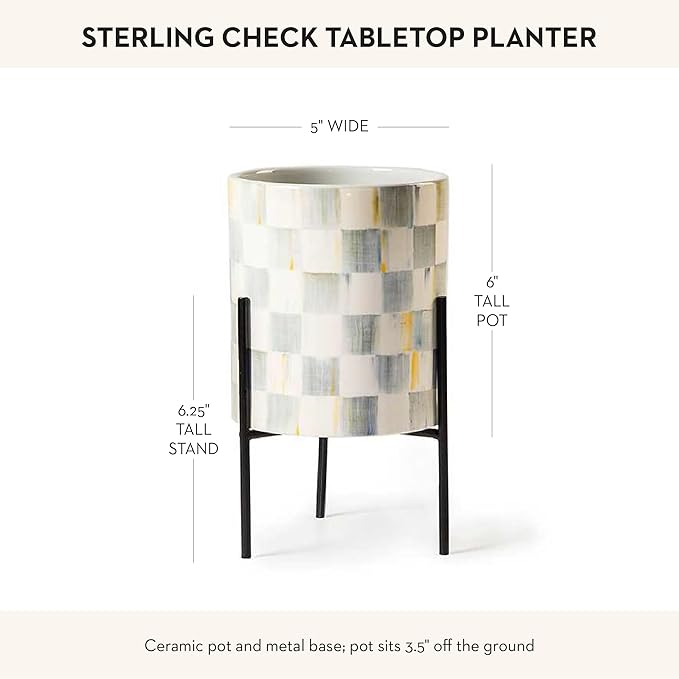 MACKENZIE-CHILDS Tabletop Ceramic Planter with Stand, Decorative Pot for Indoor Plants, Gray-and-White Sterling Check