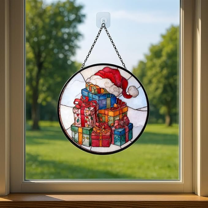 Stained Glass Window Hanging – 7.8 in Santa Hat Panel with Chain， Bathroom Front Door Living Room Garden Decor， Gift for Mom Wife Lovers