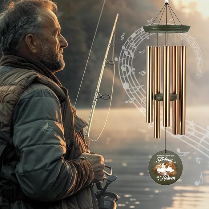 Memorial Wind Chimes Personalized, 36inch Sympathy Wind Chime, in Loving Memory for Loss of Loved Grandpa/Dad Loves Fishing, Fishing in Heaven, Memorial Gifts (Produced in USA)