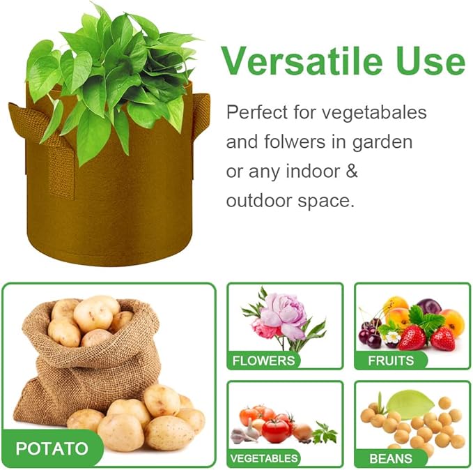5-Pack 10 Gallon Grow Bags Heavy Duty Thickened Nonwoven Fabric Pots with Handles, Plant Grow Bags for Vegetables/Flower/Plant/Fruits, Brown