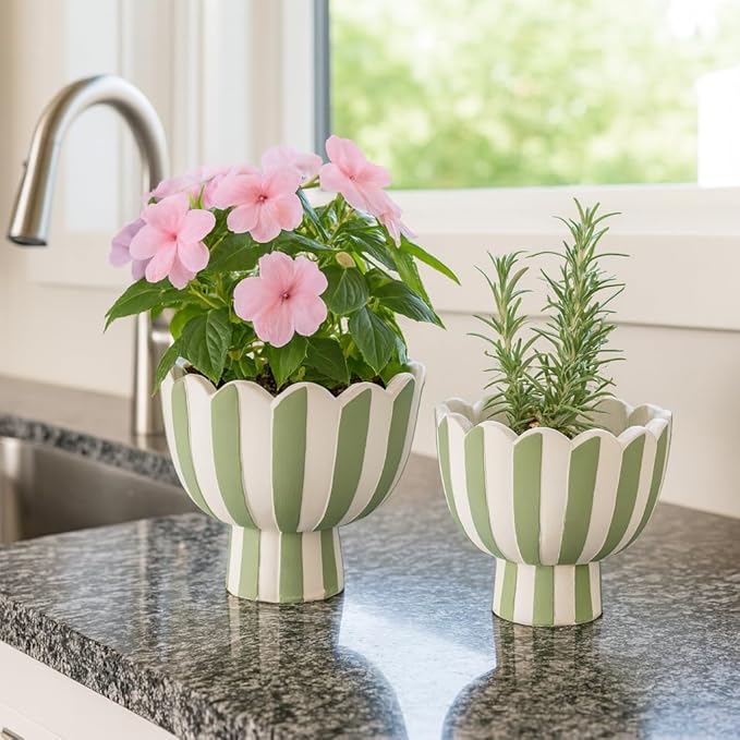 Striped Flower Pots and Planters for Home Decor – Modern Indoor or Outdoor Pots for Plants Perfect for Orchids, Herbs, or Ferns – Chic Pot for Indoor Plant Stand; Set of 2 – 8", 6" Green & White