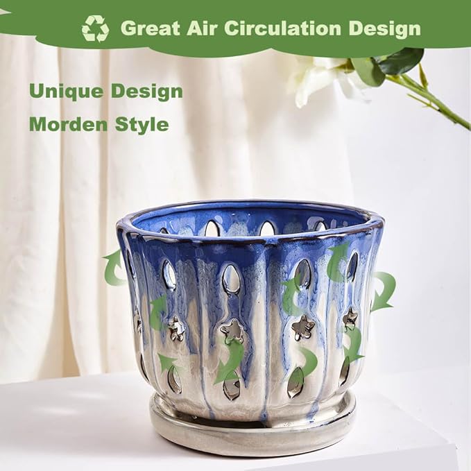 Orchid Pots with Holes Attached Saucers 6 Inches - 1 Pcs Small Ceramic Pots for Repotting, Decorative Ceramic Orchid Planter with Hole for Healthy Root Growth Blue Over White