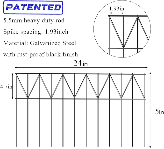 15 Pack 24" L x 15" H Animal Barrier Fence, Underground No Dig Fence Patented Product, 5.5mm Galvanized Stakes with 2 inch Spacing, Anti Digging for Dogs, Total 30Ft(L) X 15in(H) Black