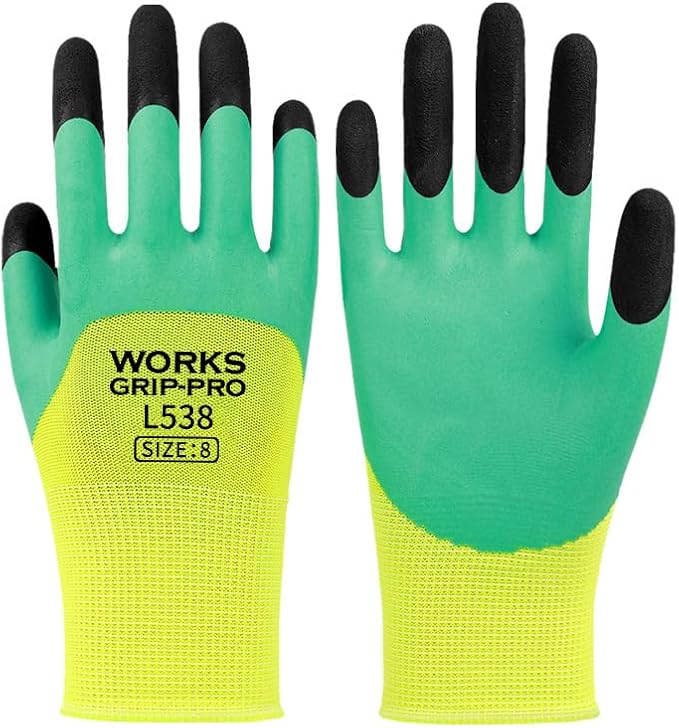 Pro L538 Safety Work Gloves, Green and Yellow, Latex Rubber Coated, Size 8, for Construction, Gardening, Warehouse, Assembly