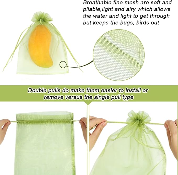 100pcs Fruit Protection Bags 6x9 inch, Green Netting Cover Bags Drawstring Mesh Fruit Protectors Pest Barrier for Tomato Mango Trees Veggies Garden