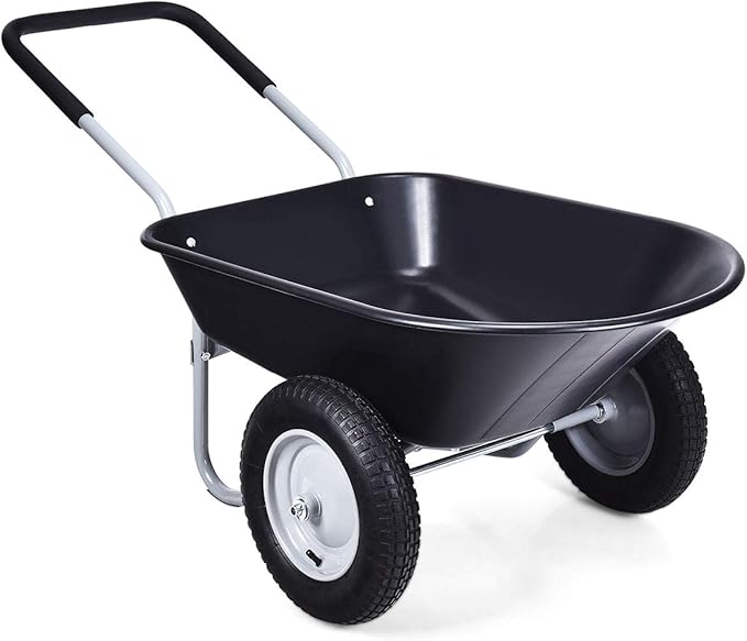 Goplus Dual Wheel Wheelbarrow, Heavy Duty Garden Cart, 330 lbs Capacity Utility Cart with Two 13 inches Pneumatic Tires for Outdoor Lawn Yard Farm Ranch Black