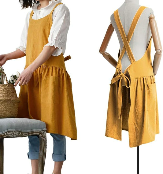 NEWGEM Cotton Linen Cross Back Apron for Women with Pockets for Painting Gardening Yellow with Waist Ties