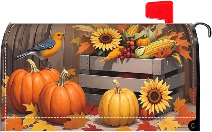Fall Thanksgiving Mailbox Covers Magnetic Standard Size Autumn Pumpkin Birds Sunflower Harvest Themed Seasonal Outdoor Decorative Letter Box Cases for Home Garden Outside Decor, 21x18 Inch