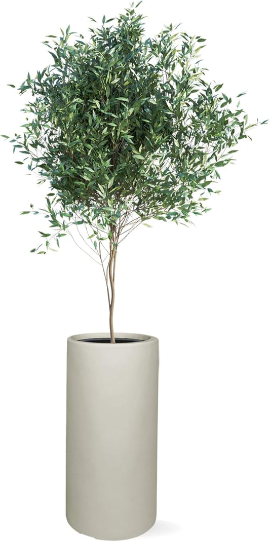 19.5"H x 9.8"D Tubo Fiberstone Cylinder Tall Planter, Christmas Tree Planter, Smooth Finish, Weather Resistant for Indoor & Outdoor Use, 2 Extra Coco Mats (Light Frech Gray,8.2" Pot Opening)