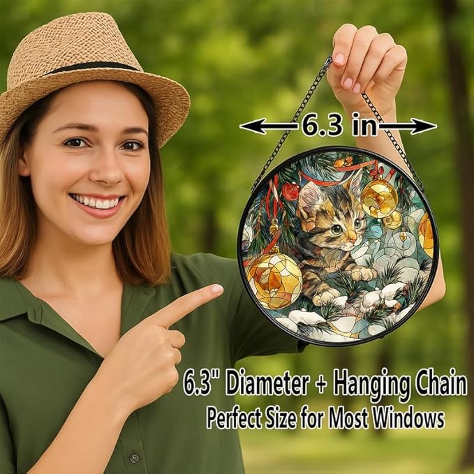 Stained Glass Window Hanging – 6.3 in Cute Kitten with Christmas Ornament Panel with Chain， Bathroom Front Door Living Room Garden Decor， Gift for Mom Wife Lovers