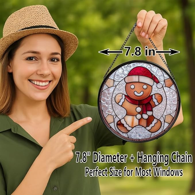 Stained Glass Window Hanging – 7.8 in Gingerbread Man Santa Panel with Chain， Bathroom Front Door Living Room Garden Xmas Decor， Gift for Mom Wife Lovers