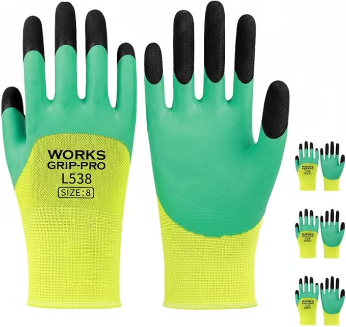 Pro L538 Safety Work Gloves, Green and Yellow, Latex Rubber Coated, Size 8, for Construction, Gardening, Warehouse, Assembly