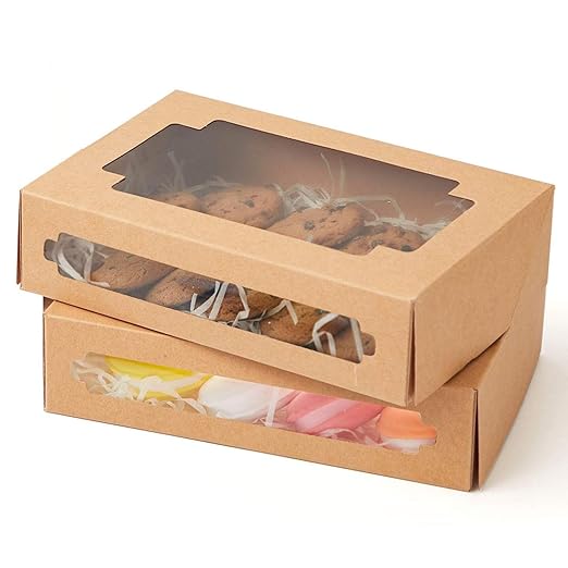 qiqee 36Packs Auto-pop up Kraft Cookie Boxes for Gift Giving 8x5.3x2 inch Brown Treat Box with Window One Second Folding Bakery Box for Donuts Candies and Biscuit