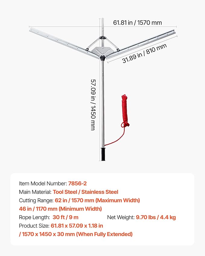 VEVOR Lake Weed Cutter, Pond Aquatic Plant Cutting Tool with 62 in Max. Cut Width, Sharp and Heavy-Duty Steel Blades, Pond Rake with 30 ft Throw Rope, for Cattail, Phragmites, Lilly Pads & Chara