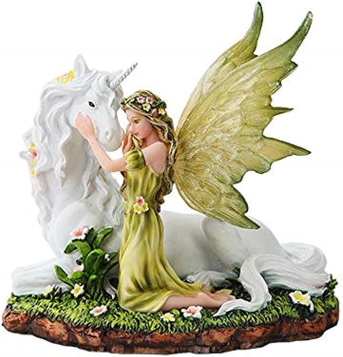 PTC 7 Inch Green Winged Fairy with Magical Unicorn Statue Figurine