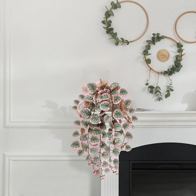 Briful Fake Plants Indoor 16'' Artificial String of Hearts Plants with Ceramic Pot Small Faux Draping Vine Plants for Home Bathroom Table Shelf Office Hotel Decor(Pink)