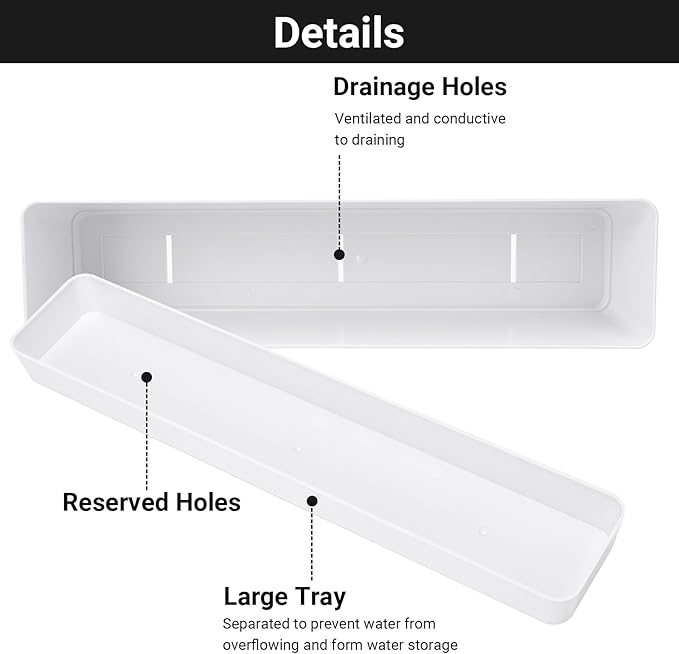 GREANER Flower Boxes, 3 Pack 12x3.8 Inch Rectangle Window Boxes, Herb Planters with Tray, Indoor Succulent Cactus Flowers Plastic Drawable Pot for Windowsill, Garden, Balcony, Office Outdoor (White)