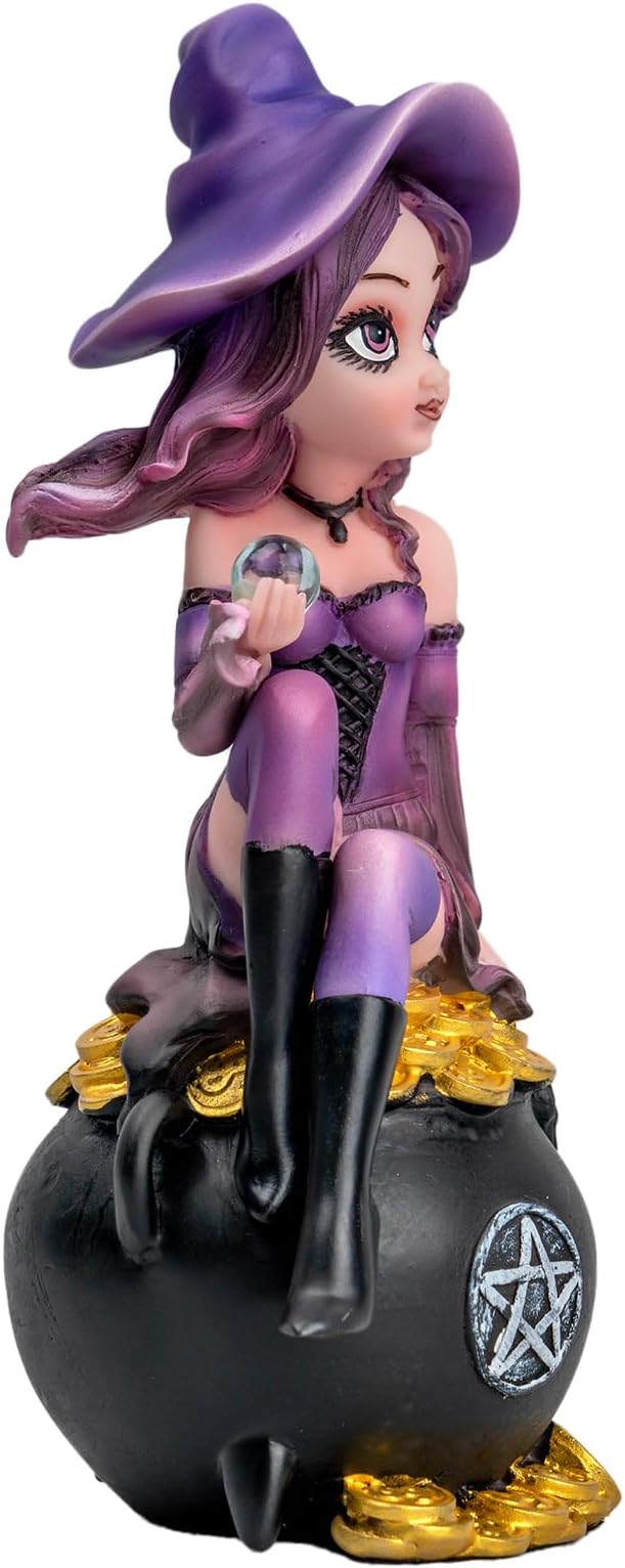 Fairy Figurine Purple Witch Sitting in a Money Can - Holding a Magic Crystal Ball Home Decor Halloween/Christmas Decoration Magician Themed Collectibles Mysterious Divination Gifts