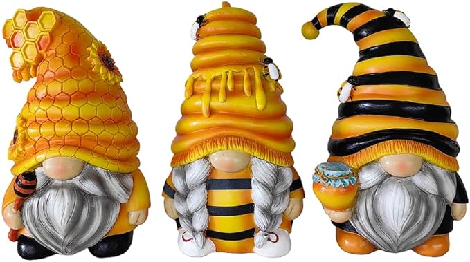 OrnamentallyYou Spring & Summer-Themed Garden Statues – Adorable Outdoor Decor for Lawn, Patio & Porch (Buzzy Trio Set of Three Bumble Bee Gnome Figurines, 6" Tiered Tray Home or Garden Decoration)