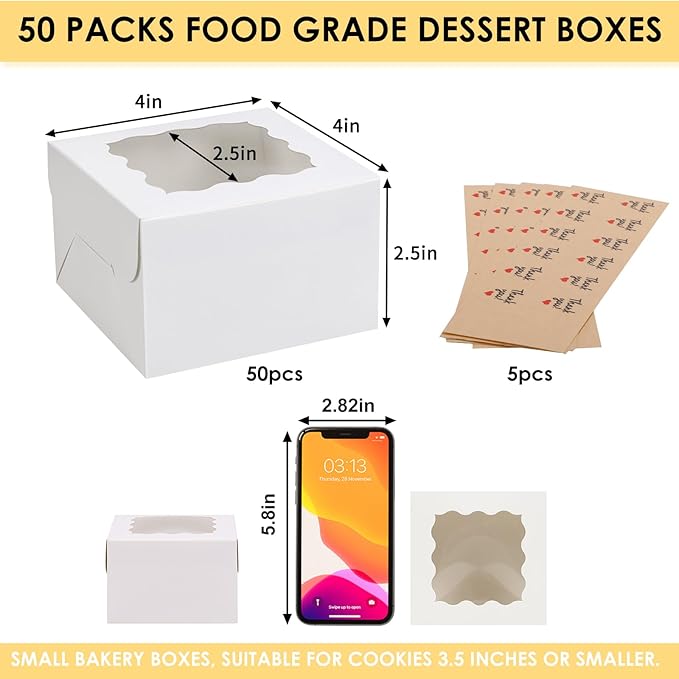 Moretoes 50pcs White Cookie Boxes with Window, 4x4x2.5 Inches Bakery Boxes with 5pcs Stickers for Small Cookies, Treats, Desserts, Chocolate Covered Strawberries, Mini Cake