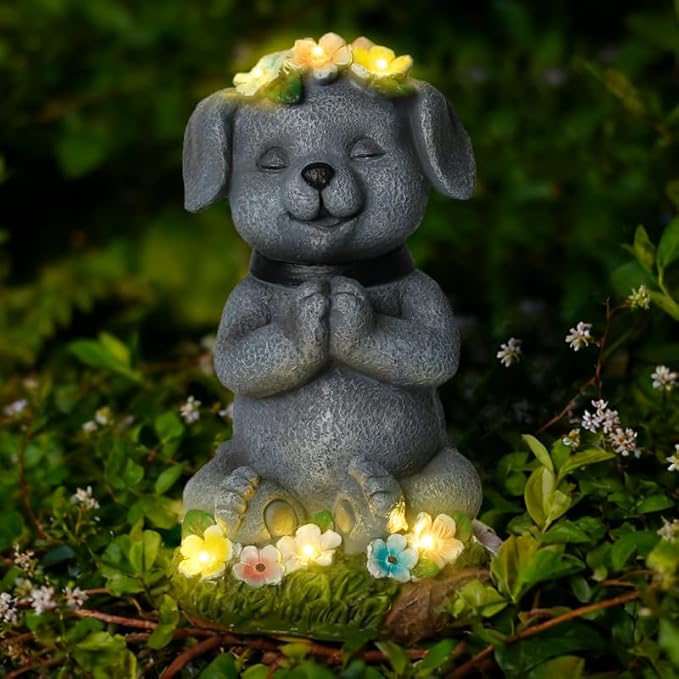 Solar Dog Statue Garden Decor with LED Lights Outdoor Dogs Decor Gifts for Women Dog Figurines for Patio Yard Garden Home Decoration