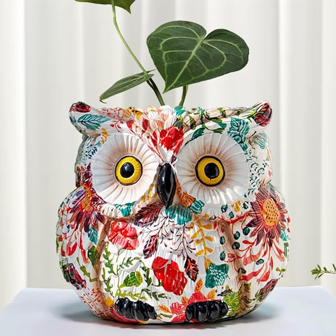 Owl Planter, Owl Succulent Pots, Funny Plant Pots Indoor/Outdoor, Decorative Garden Flower Pot, Cute Small Planters for office Home Decor, Unique Statue Figurine Gifts for Women Mother Teacher Red