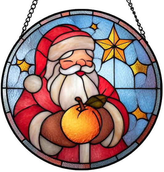 Stained Glass Window Hanging – 7.8 in Santa Claus Panel with Chain， Christmas Bathroom Front Door Living Room Garden Decor for Mom Wife Lovers