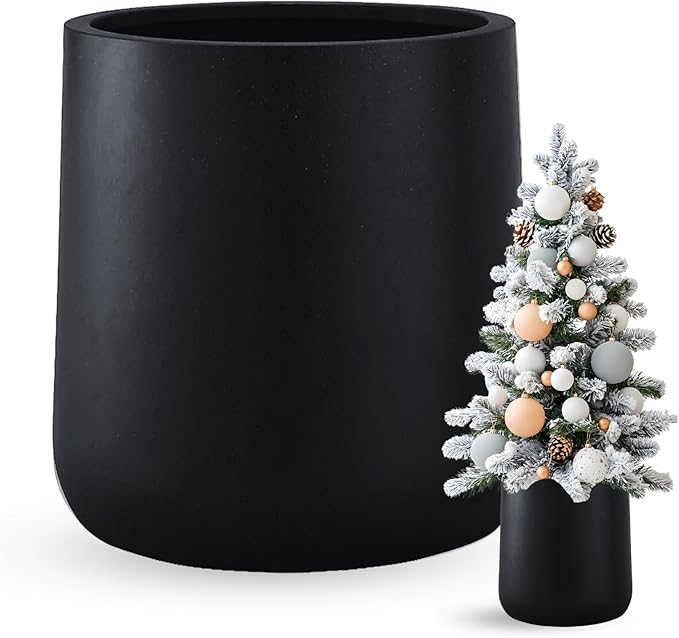 13" H x 12.6" D Conico Fiberstone Round Planter - Christmas Tree Planter, Smooth Finishes, Weather Resistant for Indoor and Outdoor Use, Included 2 Extra Coco Mats (Black, 10" Pot Opening)