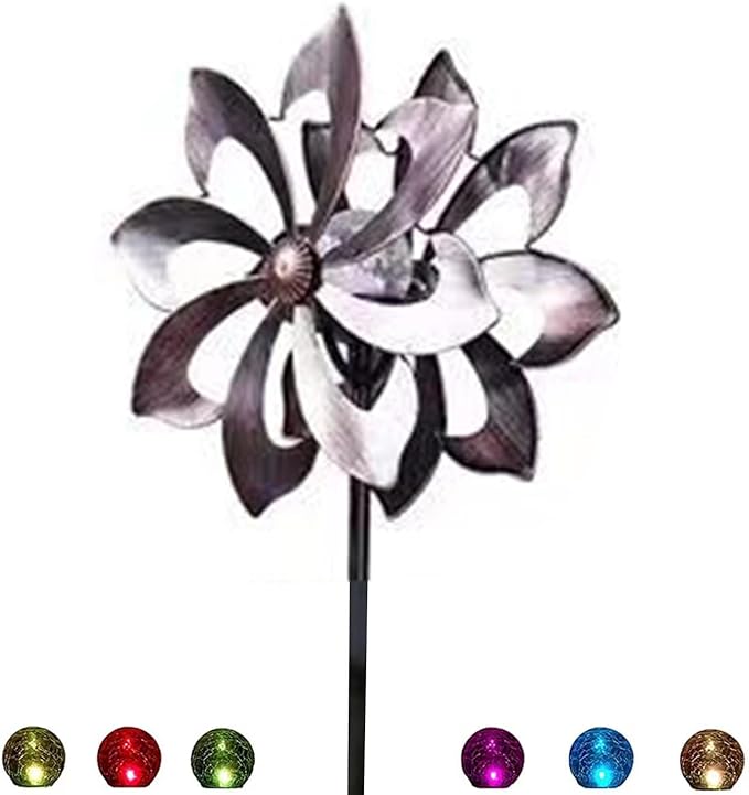 NUENUN Wind Spinner Outdoor Metal - Multi-Color Seasonal LED Lighting Solar Powered Glass Ball with Kinetic Wind Spinner Dual Direction for Patio Lawn & Garden (New Coffee Color)
