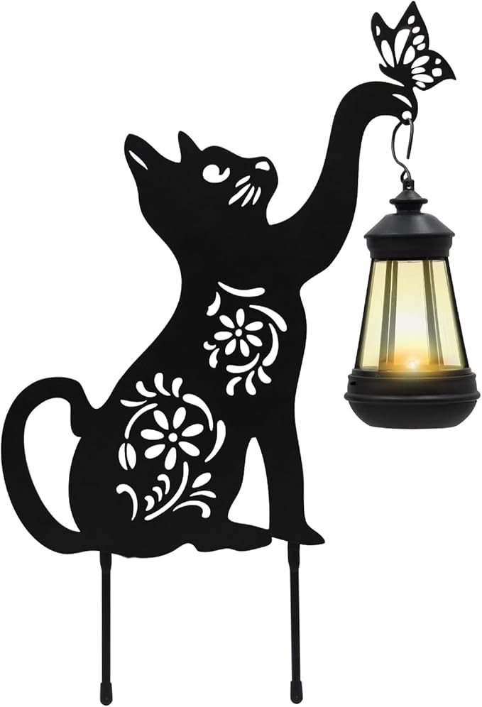 Yard Decorations, Black Metal Cat Stake with Solar Light for Outdoor, Cat Garden Decor, Garden Decoration, Cat Silhouette, Outdoor Solar Decorative for Garden, Lawn, Yard
