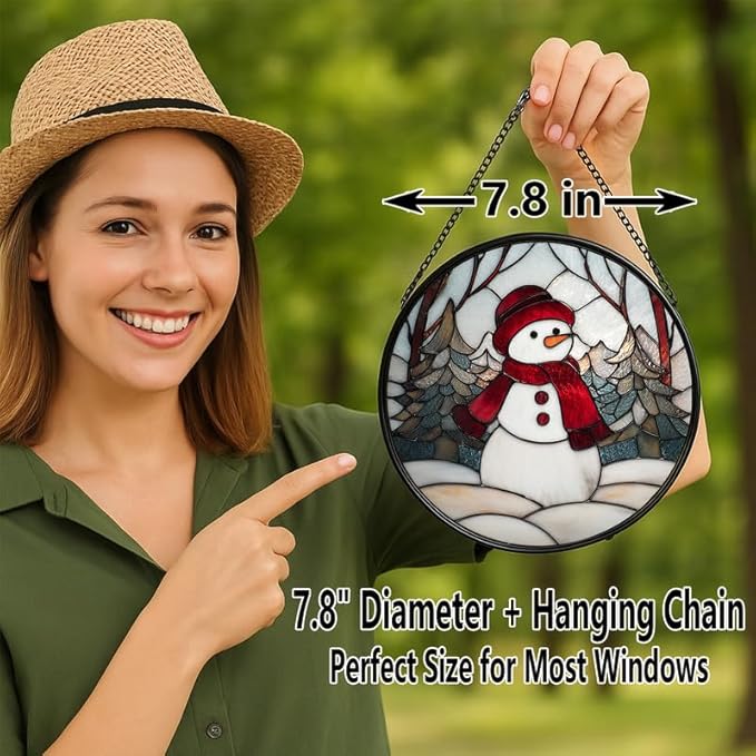Stained Glass Window Hanging – 7.8 in Snowman Panel with Chain， Winter Holiday Bathroom Front Door Living Room Garden Decor， Gift for Mom Wife Lovers
