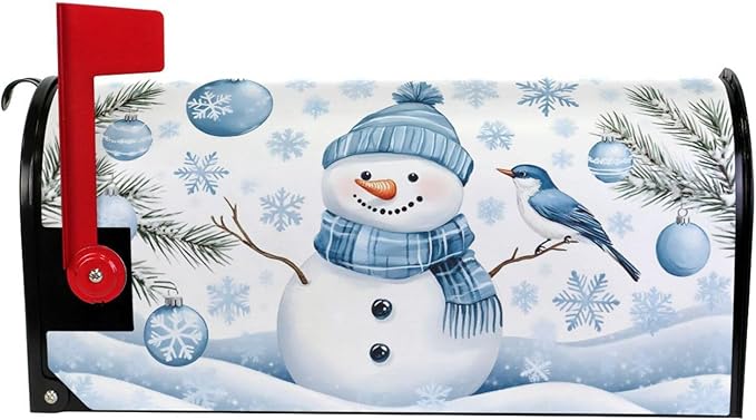 SUABO Mailbox Cover Blue Snowman with Bird Standard Magnetic Mailbox Covers Wraps for Christmas Home Yard Garden Decor