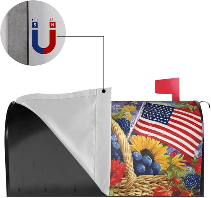 4th of July American Flag Floral Mailbox Covers Magnetic Letterbox Covers 21x18 Inch for Garden Outdoor Decoration