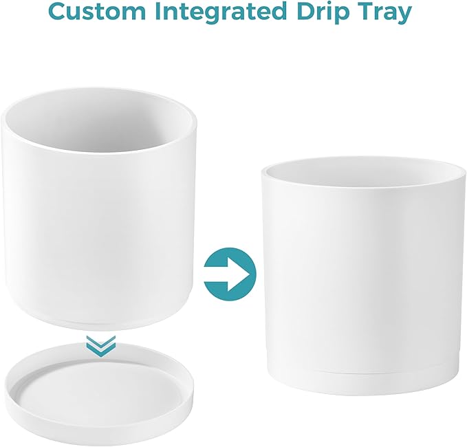 FaithLand 8-Inch Modern Cylinder Planter, Thick-Walled Plastic Plant Pot with Drainage Holes and Detachable Saucer, Matte White, Ideal for Indoor & Outdoor Plants Flowers