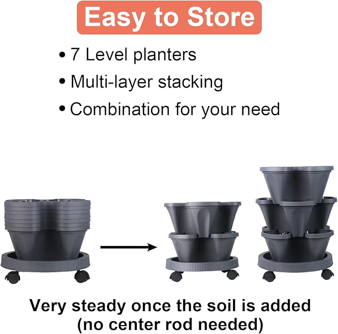GameXcel Vertical Planter 7 Tier Stackable Planters Garden Planters Strawberry Herb Flower and Vegetable Planter Indoor Outdoor Gardening Pots with Removable Wheels and Tools