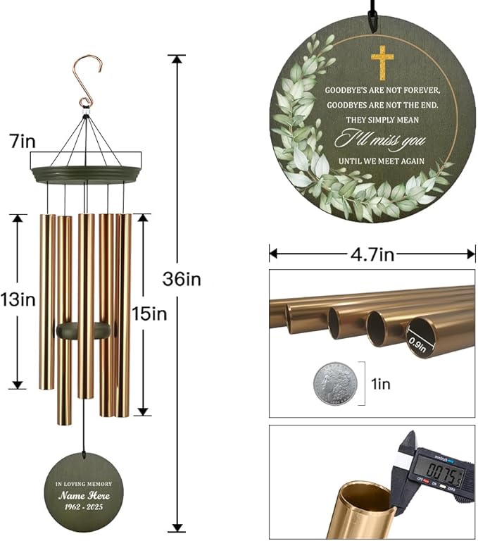 Personalized Memorial Wind Chimes, 36inch Sympathy Loving Memory Gifts, Cross Mourn Wind Chimes, Custom Name Wind Chime for Loss of Loved Dad/Mom, Funeral Decor (Produced in USA)