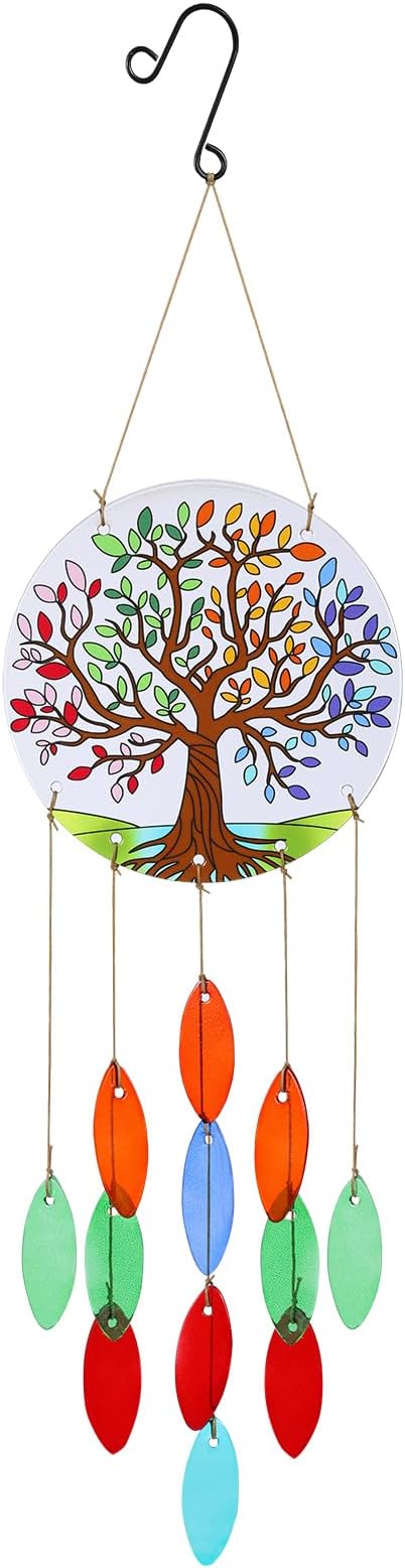 Tree of Life Glass Wind Chimes for Outside, Fall Leaves Windchimes Outdoors Unique Suncatcher, Small Sea Glass Art Wind Chimes Outdoor Gifts for Women, Hanging Outdoor Garden Christmas Decoration Gift