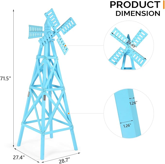 Wooden Windmill, Weather-Proof Wind Spinner, Outdoor Wind Mill for Garden Lawn Patio Decoration (Blue, Large)