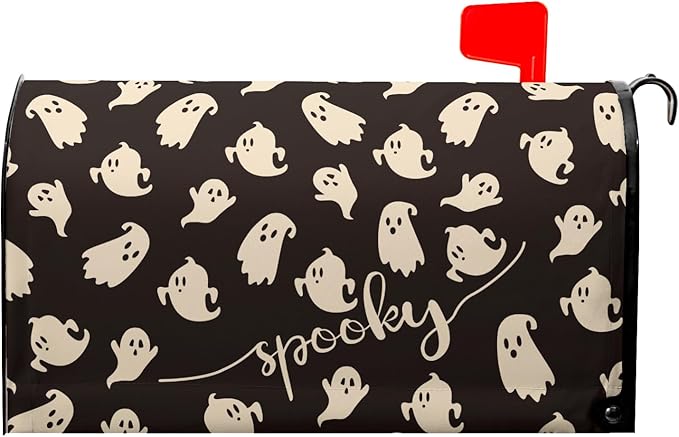 25.5x21inch Happy Halloween Magnetic Mailbox Cover- Spooky Ghosts Black White Waterproof Holiday Mailbox Wrap Letter Post Cover Large Size for Garden Yard Outside Outdoor Decor