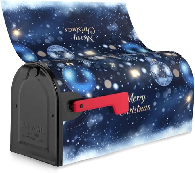 Festive Magnetic Mailbox Cover Christmas Blue Ball Pattern Outdoor Mailbox Protector Holiday Seasonal Decorative Garden Yard Home Large Size 25.5 x 21 Inch