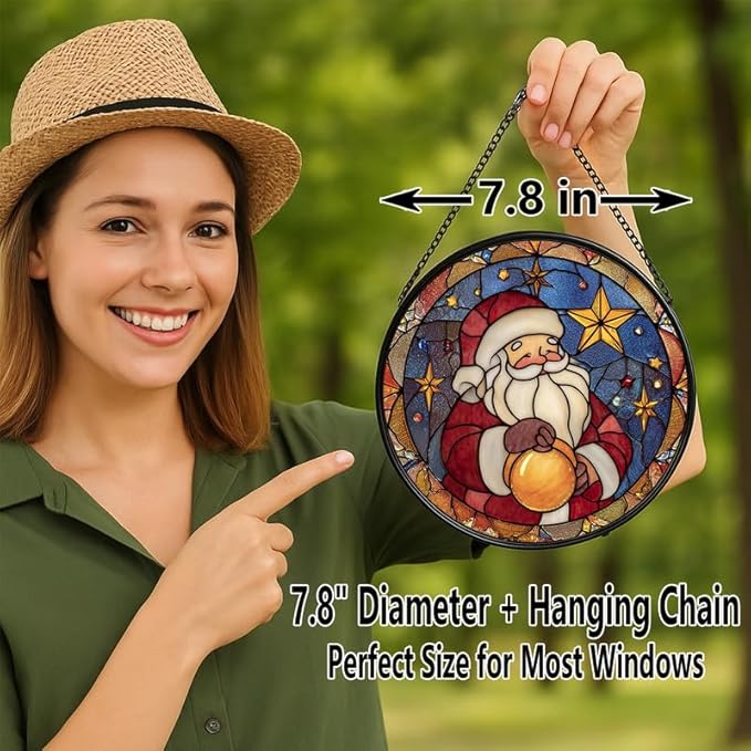 Stained Glass Window Hanging – 7.8 in Santa Claus Panel with Chain， Bathroom Front Door Living Room Garden Christmas Holiday Decor， Gift for Mom Wife Lovers