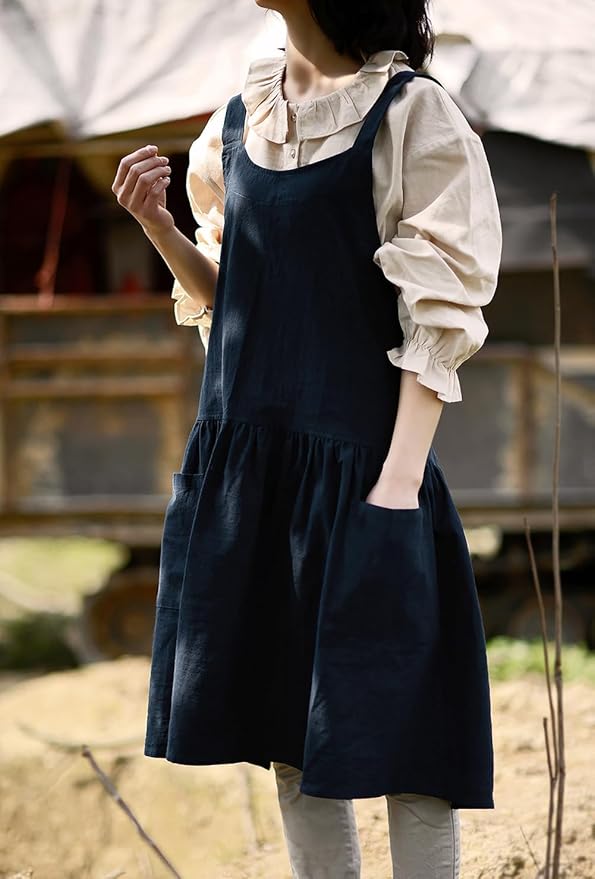 NEWGEM Cotton Linen Cross Back Apron for Women with Pockets for Cooking Baking Navy Blue with Waist Ties