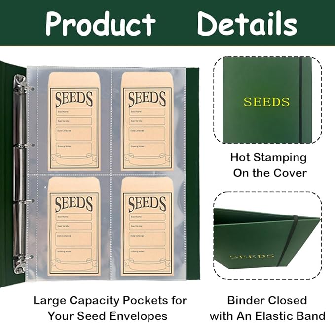 Seed Storage Organizer Binder, Seed Packet Organizer with 100 Clear Pockets(25 Pack Sheet Sleeves), Garden Seed Holder Book for Seed Envelopes Card, Plant Seed Saver, Flower Seed Keeper(A4)