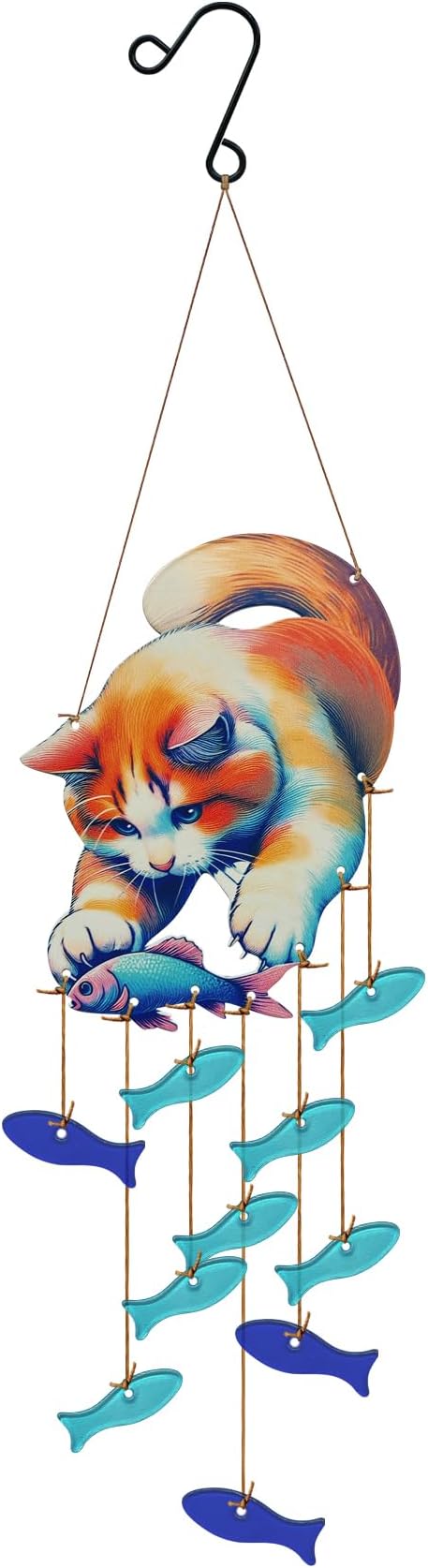 Cute Kitten Fish Wind Chimes for Outside, Handcrafted Windchimes Outdoors Unique,Suncatchers Sea Glass Art Windchimes Outdoors, Patio Beach Hanging Outdoor Home Garden Decor, Memorial Gifts for Women